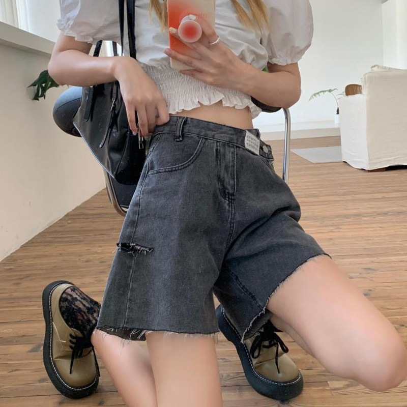 Kratke hlače Ženske ulične hlače visokog struka, traper širokih nogavica, novi ženski ljetni korejski stil za 2021. Opuštena moda s rupama s resicama Jednostavna za sve