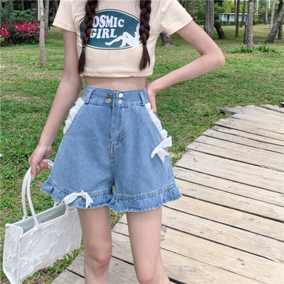 Τζιν σορτς Γυναικείο σχέδιο δαντέλας Γλυκό φιόγκο Χαριτωμένο ψηλόμεσο ελεύθερο χρόνο Υπέροχες τρυφερές φίλες Шорты Женский Καλοκαιρινό χαλαρό απλό κομψό