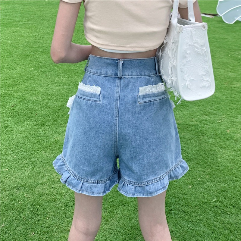 Τζιν σορτς Γυναικείο σχέδιο δαντέλας Γλυκό φιόγκο Χαριτωμένο ψηλόμεσο ελεύθερο χρόνο Υπέροχες τρυφερές φίλες Шорты Женский Καλοκαιρινό χαλαρό απλό κομψό