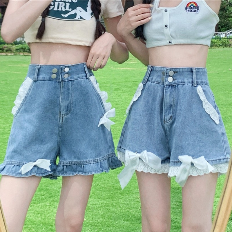 Τζιν σορτς Γυναικείο σχέδιο δαντέλας Γλυκό φιόγκο Χαριτωμένο ψηλόμεσο ελεύθερο χρόνο Υπέροχες τρυφερές φίλες Шорты Женский Καλοκαιρινό χαλαρό απλό κομψό