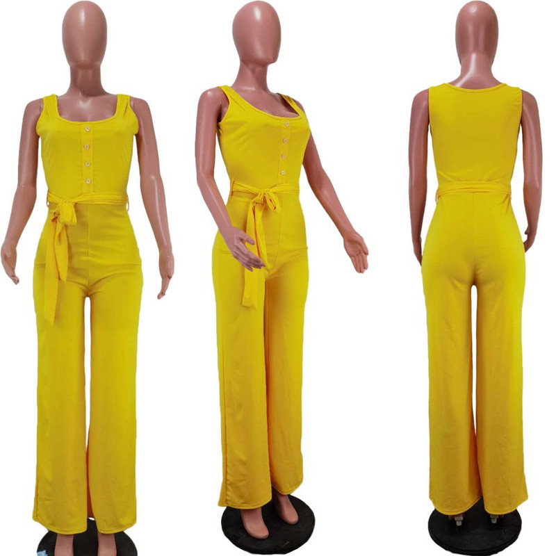 HGTE Jumpsuit doamnelor sexy halter cu centură fără mâneci salopetă lungă casual cravată nasturi salopetă cu picior largi elegantă