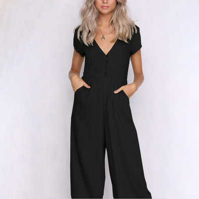 HStar Pamučni kombinezon širokih nogavica Seksi bijeli kombinezon s gumbima s v izrezom Ženski ležerni jesenski kombinezon macacao femme