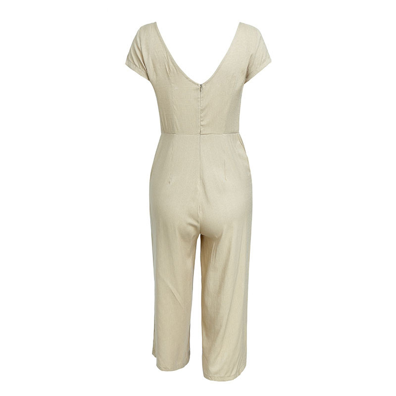 HStar Pamučni kombinezon širokih nogavica Seksi bijeli kombinezon s gumbima s v izrezom Ženski ležerni jesenski kombinezon macacao femme