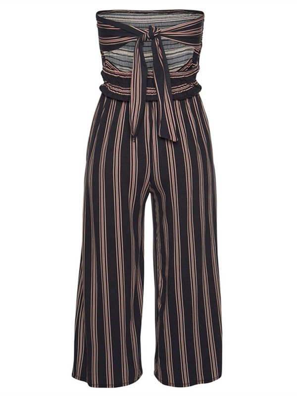 Ljetni prugasti ulični kombinezon bez naramenica Ženski seksi kombinezon s povezom bez leđa Ležeran ženski kombinezon s džepovima u stilu za plažu