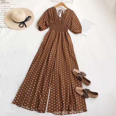 Κομψές γυναικείες φόρμες με φαρδιά πόδι 2021 Νέα ανοιξιάτικη μόδα με κουκκίδες εμπριμέ γυναικεία κοντομάνικη φόρμα χωρίς πλάτη με λαιμόκοψη V