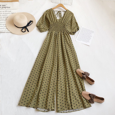 Κομψές γυναικείες φόρμες με φαρδιά πόδι 2021 Νέα ανοιξιάτικη μόδα με κουκκίδες εμπριμέ γυναικεία κοντομάνικη φόρμα χωρίς πλάτη με λαιμόκοψη V