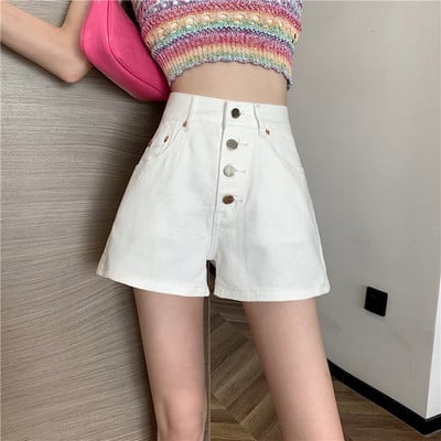 Moteriški šortai Nauji džinsiniai, universalūs, laisvalaikio studentai, sagai Paprasti įdėklai Solidūs prašmatnūs vasariniai Ulzzang Cozy Mujer aukšto juosmens dizaino, tinka