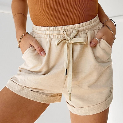 wsevypo Sieviešu ikdienas šorti vienkrāsaini vasaras elastīgi jostasvietas savilkšanas aukliņas velmētas aproču apakšdaļas Sporta ielas apģērbs sporta šorti