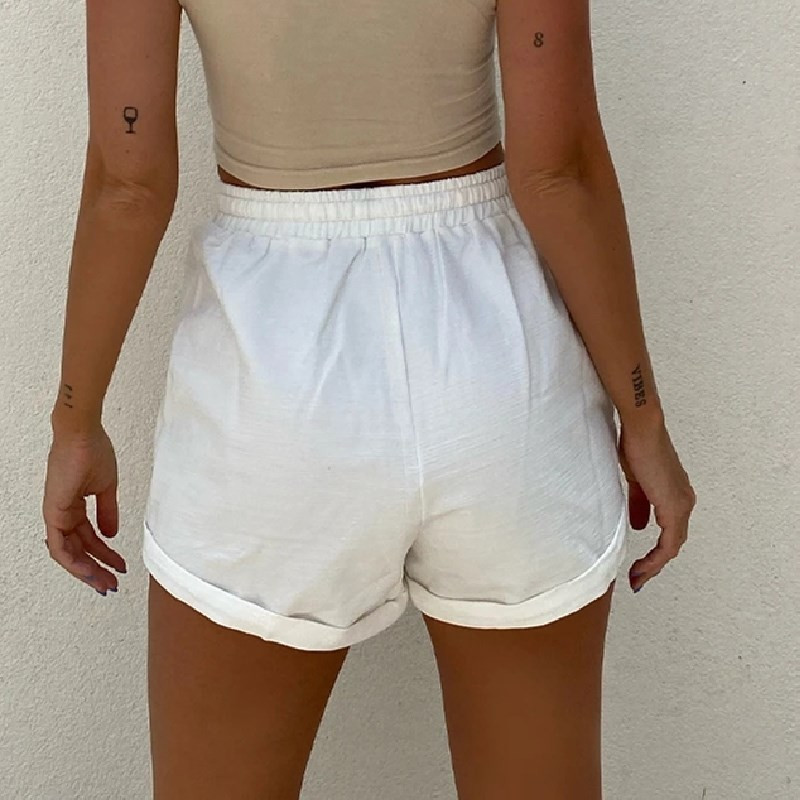 wsevypo Sieviešu ikdienas šorti vienkrāsaini vasaras elastīgi jostasvietas savilkšanas aukliņas velmētas aproču apakšdaļas Sporta ielas apģērbs sporta šorti