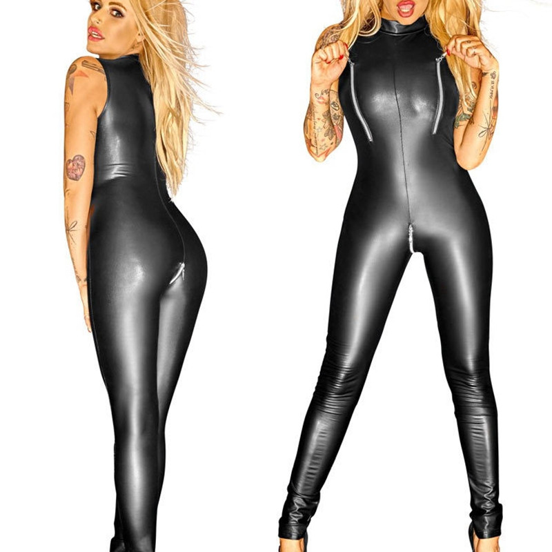 Seksikas lukuga gooti must PVC kunstnahast lateks Zentai kassiülikond Wetlook Jumpsuit Erotic PU Bodysuit Clubi tunked