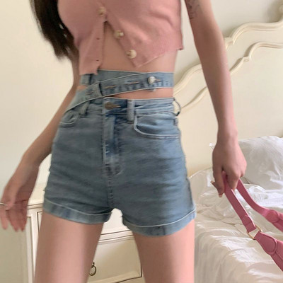 Pantaloni scurți din denim femei neregulate skinny design bandaj stil coreean talie înaltă moda vară streetwear ins all-match chic hotsweet