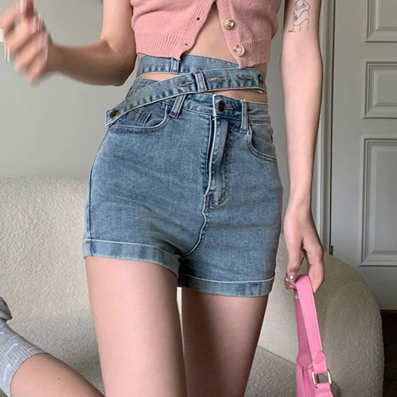 Pantaloni scurți din denim femei neregulate skinny design bandaj stil coreean talie înaltă moda vară streetwear ins all-match chic hotsweet