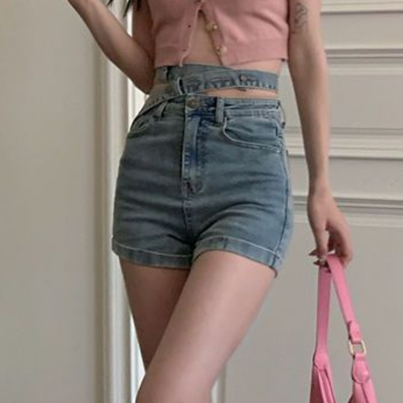 Pantaloni scurți din denim femei neregulate skinny design bandaj stil coreean talie înaltă moda vară streetwear ins all-match chic hotsweet
