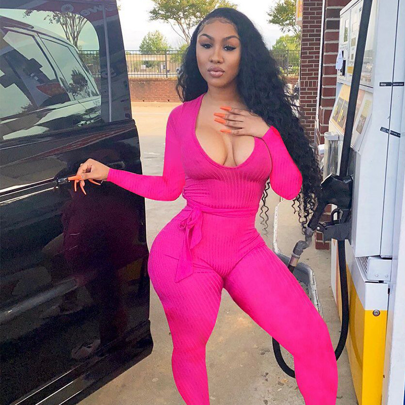 HAOYUAN Szexi Kötött Bodycon Romperek Női Jumpsuitek Hosszú ujjú Bandage Őszi Női Ruházat Tréningruha One Piece Club Outfitek