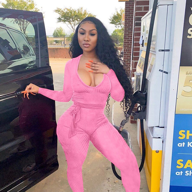 HAOYUAN Szexi Kötött Bodycon Romperek Női Jumpsuitek Hosszú ujjú Bandage Őszi Női Ruházat Tréningruha One Piece Club Outfitek