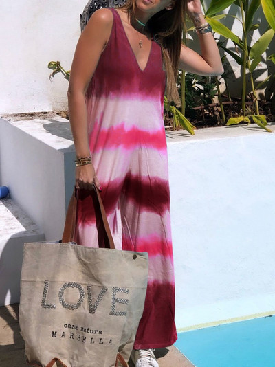 Kombinezon s gradijentnom bojom Ombre Ženski blagdanski ležerni kombinezon s kravatom u stilu za plažu Harajuku Kombinezon s dubokim V izrezom bez rukava