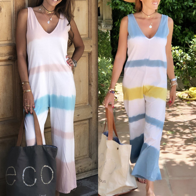 Kombinezon s gradijentnom bojom Ombre Ženski blagdanski ležerni kombinezon s kravatom u stilu za plažu Harajuku Kombinezon s dubokim V izrezom bez rukava