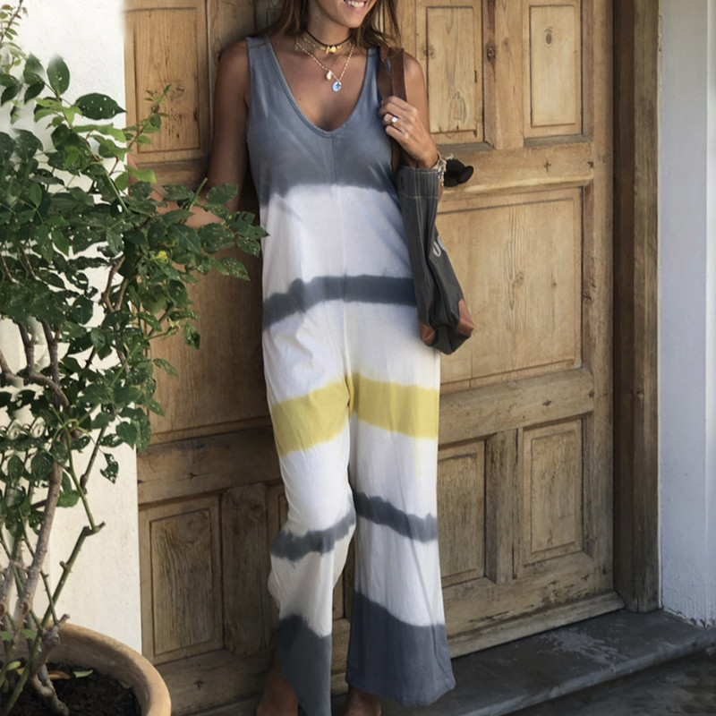 Kombinezon s gradijentnom bojom Ombre Ženski blagdanski ležerni kombinezon s kravatom u stilu za plažu Harajuku Kombinezon s dubokim V izrezom bez rukava