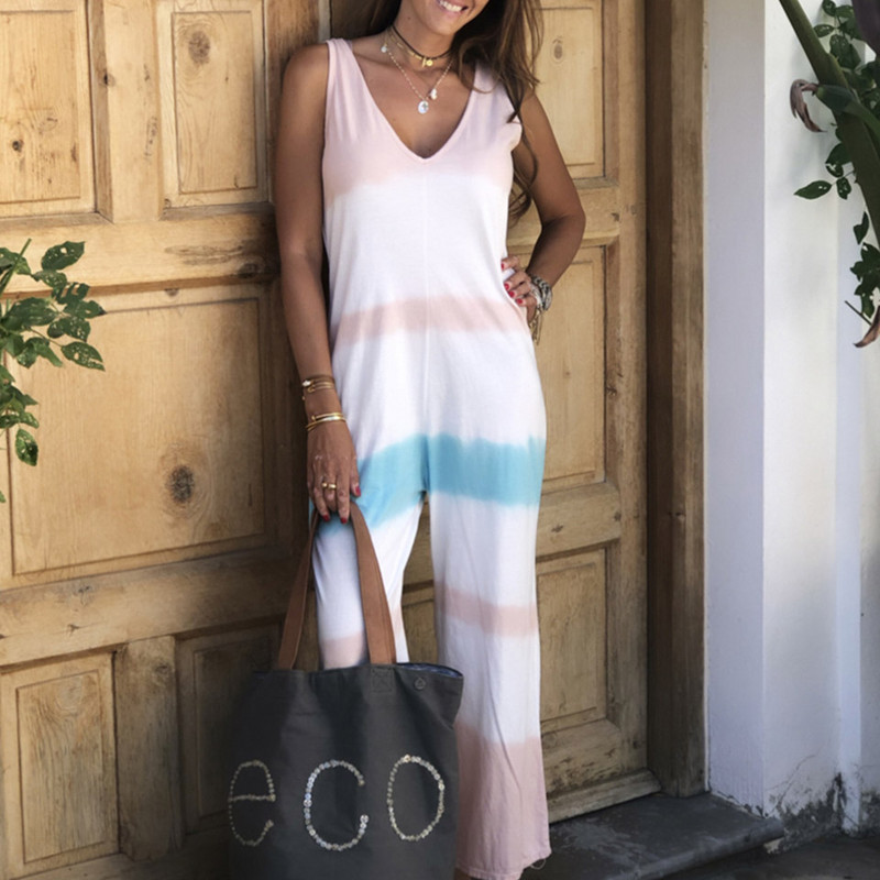 Kombinezon s gradijentnom bojom Ombre Ženski blagdanski ležerni kombinezon s kravatom u stilu za plažu Harajuku Kombinezon s dubokim V izrezom bez rukava