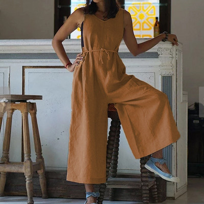 vaatteet Store ♥ Ženski ljetni široki laneni kombinezon V-izrez Ležerni čipkani kombinezon Široke hlače Modna ženska odjeća