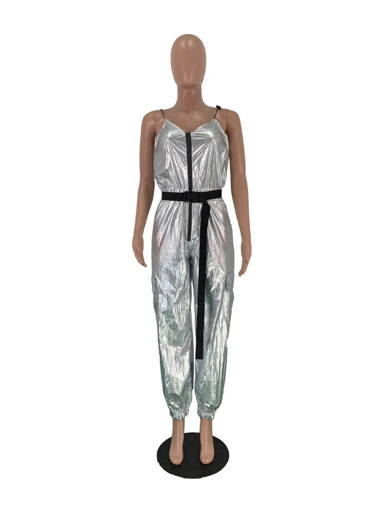 BKLD 2019 naiste hõbedane helkurkombinesoon, suvine tänavariietus, uus vabaaja naiste spagetirihm vööga, lahtised püksid, kombinesoonid