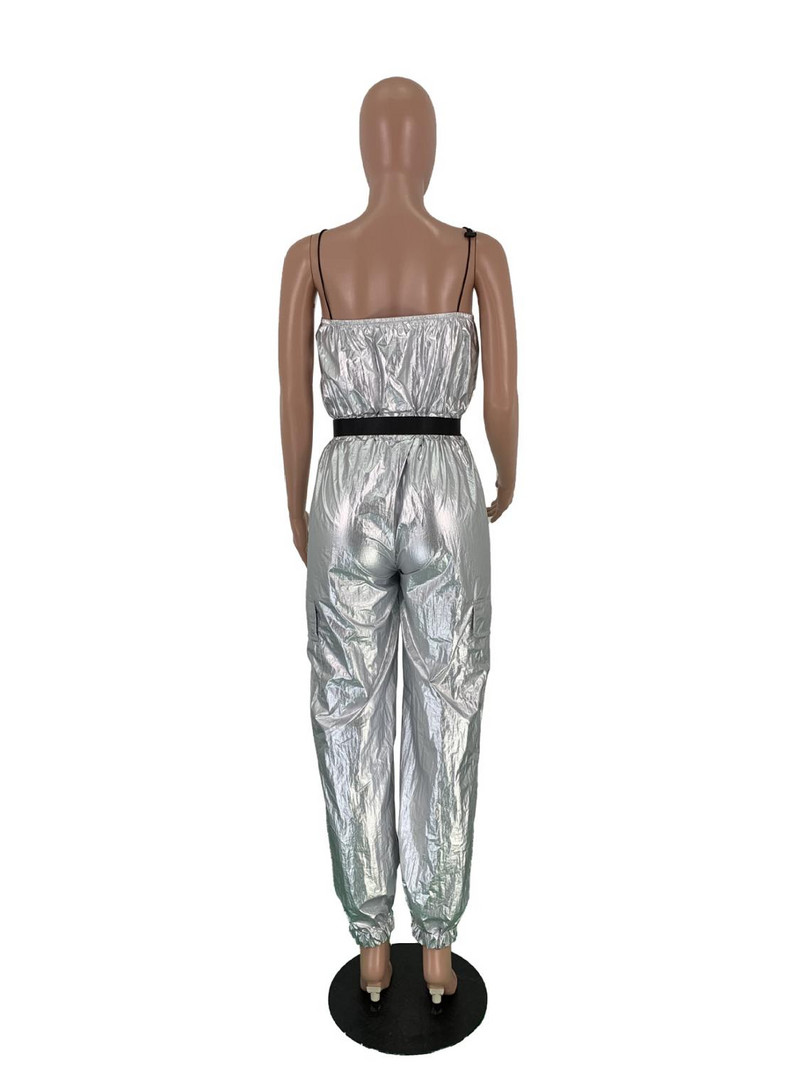 BKLD 2019 naiste hõbedane helkurkombinesoon, suvine tänavariietus, uus vabaaja naiste spagetirihm vööga, lahtised püksid, kombinesoonid