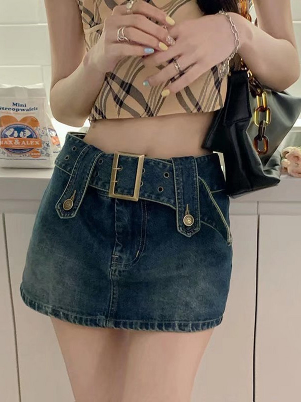 Feynzz'sFusta de blugi pentru femei de vară, retro, talie înaltă, subțire, dulce, cool, stil de fată, minifustă, geantă, fustă la șold, fustă pantaloni, la modă