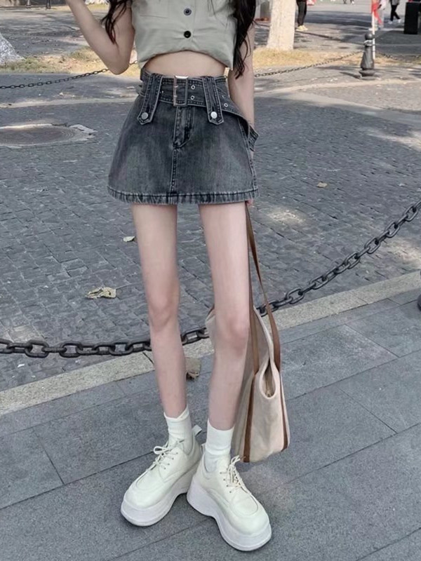 Feynzz'sFusta de blugi pentru femei de vară, retro, talie înaltă, subțire, dulce, cool, stil de fată, minifustă, geantă, fustă la șold, fustă pantaloni, la modă