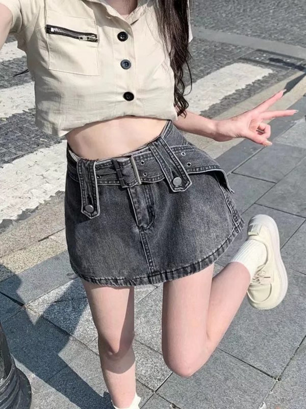 Feynzz'sFusta de blugi pentru femei de vară, retro, talie înaltă, subțire, dulce, cool, stil de fată, minifustă, geantă, fustă la șold, fustă pantaloni, la modă