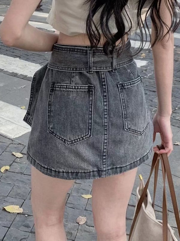 Feynzz'sFusta de blugi pentru femei de vară, retro, talie înaltă, subțire, dulce, cool, stil de fată, minifustă, geantă, fustă la șold, fustă pantaloni, la modă