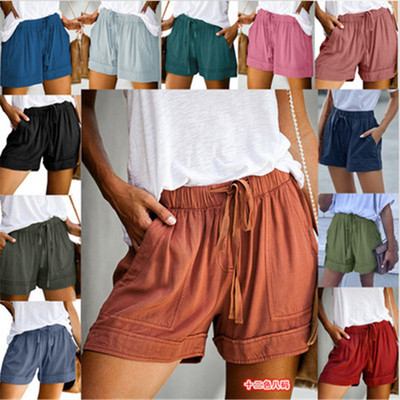 12 värvi vabaaja naiste lühikesed püksid, lihtsad nööriga taskud, suvine elastne vöökoht vaba kodu tänavarõivad naiste püksid