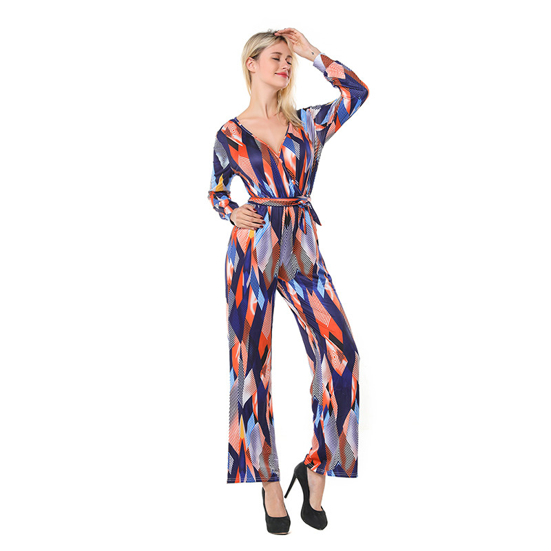 GAOKE Modni ženski kombinezon dugih rukava Kombinezon na pruge Ljetna kombinezona Hlače širokih nogavica Ženska ležerna klupska odjeća s V-izrezom