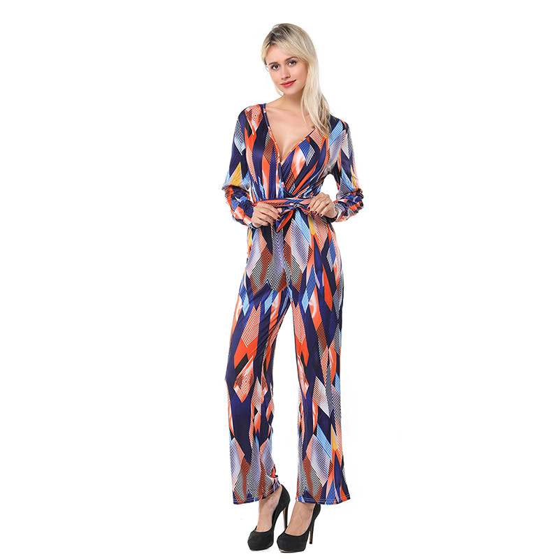 GAOKE Modni ženski kombinezon dugih rukava Kombinezon na pruge Ljetna kombinezona Hlače širokih nogavica Ženska ležerna klupska odjeća s V-izrezom