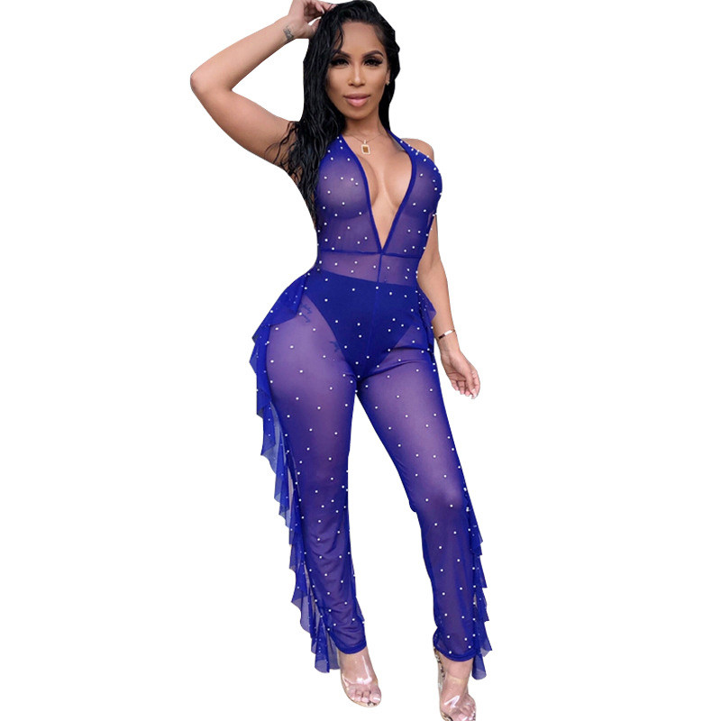 2019. Novi seksi mrežasti kombinezon za žene, ulična odjeća, halter, cijeli bodi bez leđa, ljetni kombinezon Prozirne jednodijelne klupske hlače