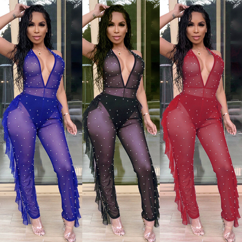2019. Novi seksi mrežasti kombinezon za žene, ulična odjeća, halter, cijeli bodi bez leđa, ljetni kombinezon Prozirne jednodijelne klupske hlače