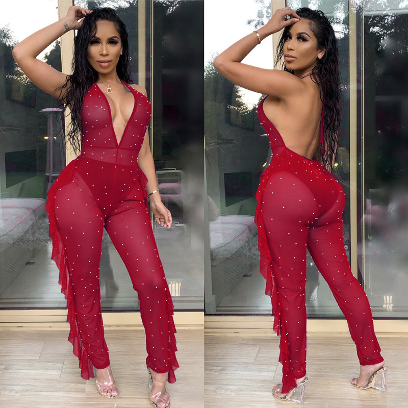 2019. Novi seksi mrežasti kombinezon za žene, ulična odjeća, halter, cijeli bodi bez leđa, ljetni kombinezon Prozirne jednodijelne klupske hlače