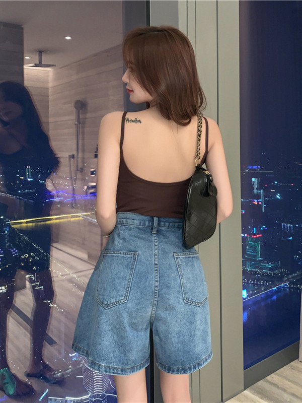Feynzz Pantaloni scurți din denim creț ajustabili, negri, pentru femei, cu talie înaltă și pentru slăbire, vara 2022, pantaloni scurți super largi, în formă de A