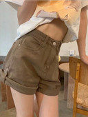 Feynzz kratke hlače od trapera, ženske nove studentske mreže 2022., crvena, sveobuhvatna uvijena vanjska odjeća visokog struka, široke i tanke hlače A kroja