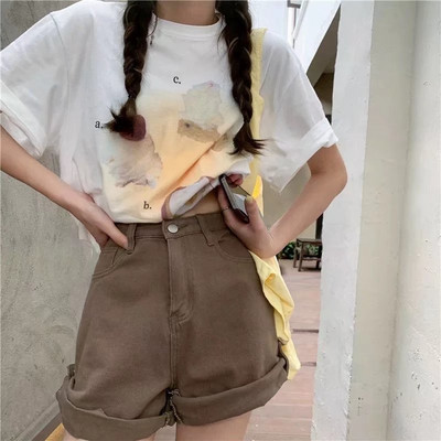 Feynzz kratke hlače od trapera, ženske nove studentske mreže 2022., crvena, sveobuhvatna uvijena vanjska odjeća visokog struka, široke i tanke hlače A kroja