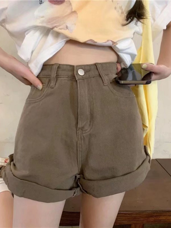 Feynzz kratke hlače od trapera, ženske nove studentske mreže 2022., crvena, sveobuhvatna uvijena vanjska odjeća visokog struka, široke i tanke hlače A kroja