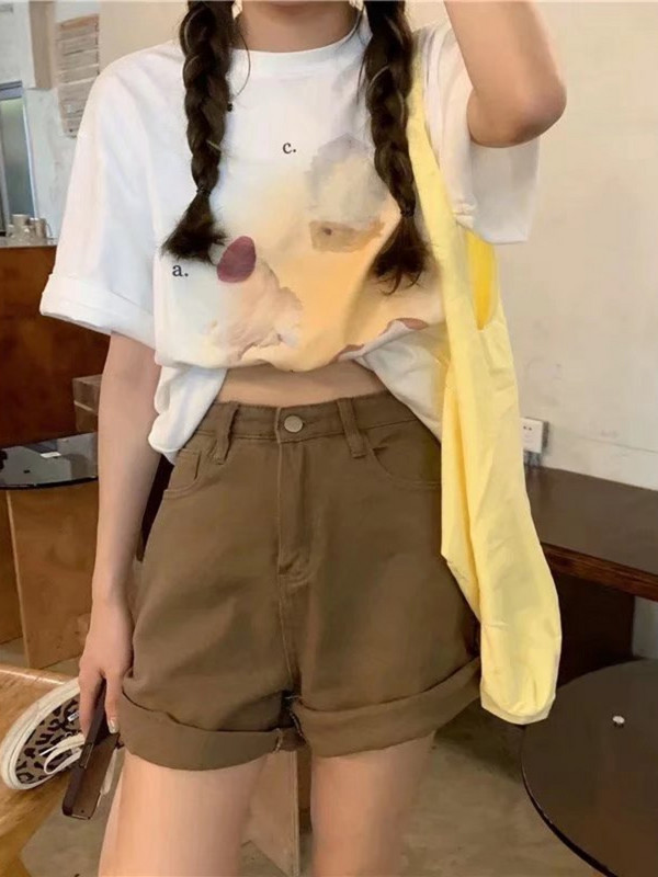 Feynzz kratke hlače od trapera, ženske nove studentske mreže 2022., crvena, sveobuhvatna uvijena vanjska odjeća visokog struka, široke i tanke hlače A kroja