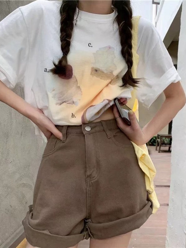 Feynzz kratke hlače od trapera, ženske nove studentske mreže 2022., crvena, sveobuhvatna uvijena vanjska odjeća visokog struka, široke i tanke hlače A kroja