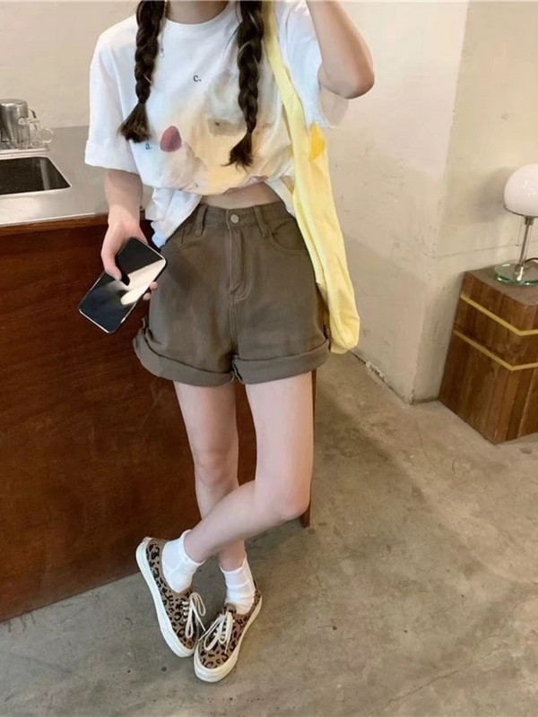 Feynzz kratke hlače od trapera, ženske nove studentske mreže 2022., crvena, sveobuhvatna uvijena vanjska odjeća visokog struka, široke i tanke hlače A kroja