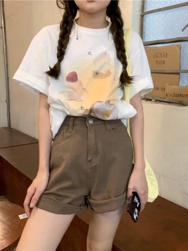 Feynzz kratke hlače od trapera, ženske nove studentske mreže 2022., crvena, sveobuhvatna uvijena vanjska odjeća visokog struka, široke i tanke hlače A kroja