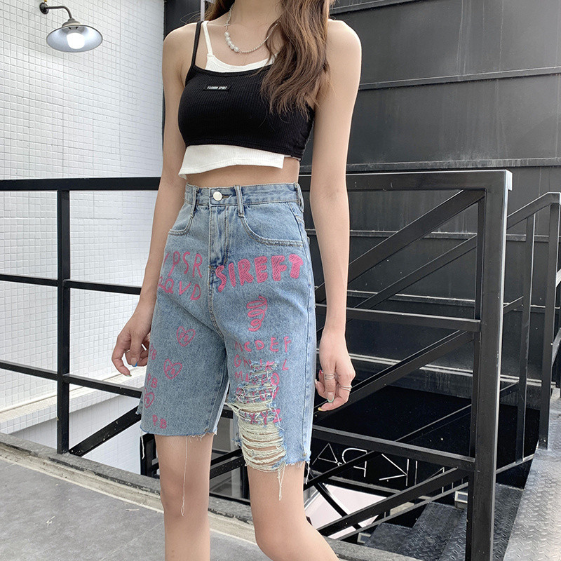 Feynzz proljeće i ljeto Raw ravne traperice s poderanim rupama s visokim strukom i slovima Ženske debele kratke kratke hlače s pet točka širokih nogavica