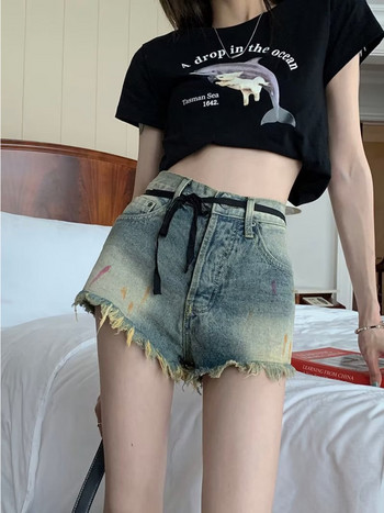 Eynzz\'s Denim Shorts Дамски пролетни и летни разкъсани панталони с широки крачоли А-линия с висока талия Супер горещи панталони Свободни панталони Ins Tide