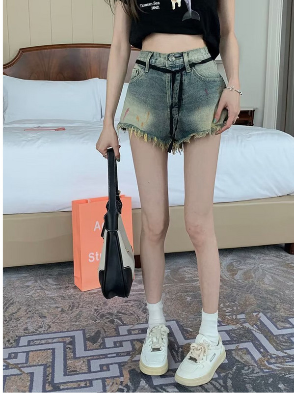 Eynzz's džinsiniai šortai, moteriški pavasario ir vasaros plėšyti plačios kelnės aukštu juosmeniu A formos itin karštos kelnės Laisvos kelnės.