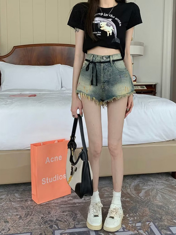 Eynzz's džinsiniai šortai, moteriški pavasario ir vasaros plėšyti plačios kelnės aukštu juosmeniu A formos itin karštos kelnės Laisvos kelnės.