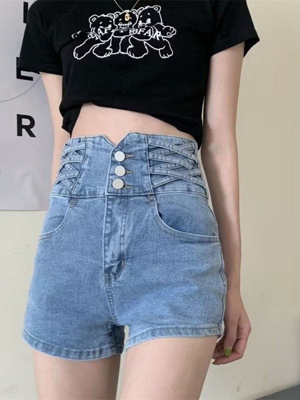 Feynzzove traper kratke hlače ultra visokog struka ženske ljetne nove tanke elastične umetke mrežaste crvene vruće hlačice a-kroja s plimom ljetni tanki dio