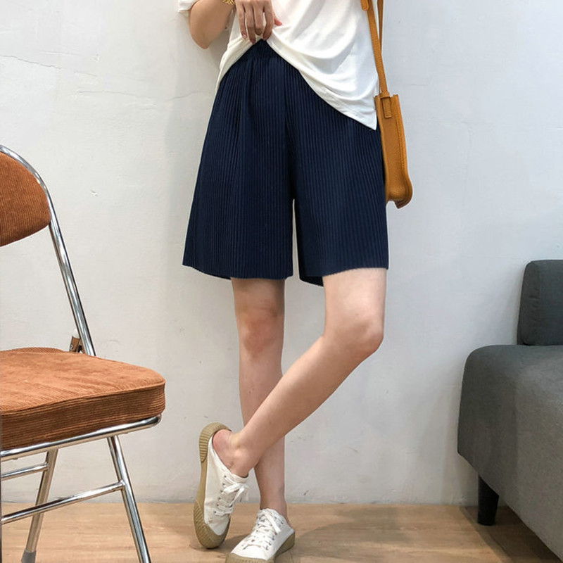 Pantaloni scurți de vară cu picioare largi Femei 4 Culori uni Pantaloni scurți casual Femei A-line elastic cu talie înaltă Scurt Negru Simplu Pantaloni scurti plisați